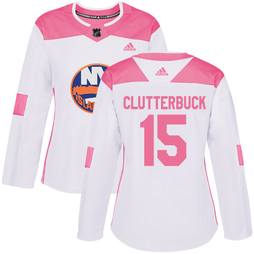 Adidas Islanders #15 Cal Clutterbuck White/Pink Authentic Fashion Women's Stitched NHL Jersey - Click Image to Close